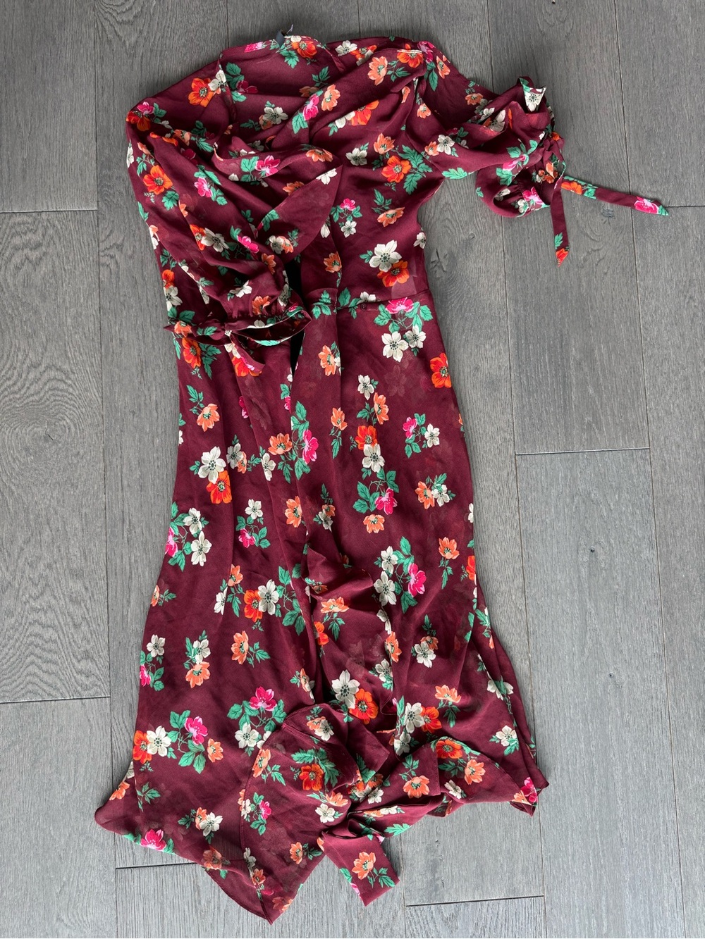 Maje Burgundy Floral Wrap Midi Dress